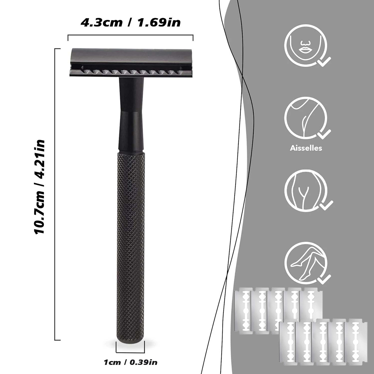 Safety Razor Handle - มีดโกนหนวดนิรภัยด้ามจับถ่วงน้ำหนักสีดำสำหรับผู้ชาย พร้อมใบมีดโกนสองคมสำรอง 10 ชิ้น และใบมีดโกนเดี่ยว