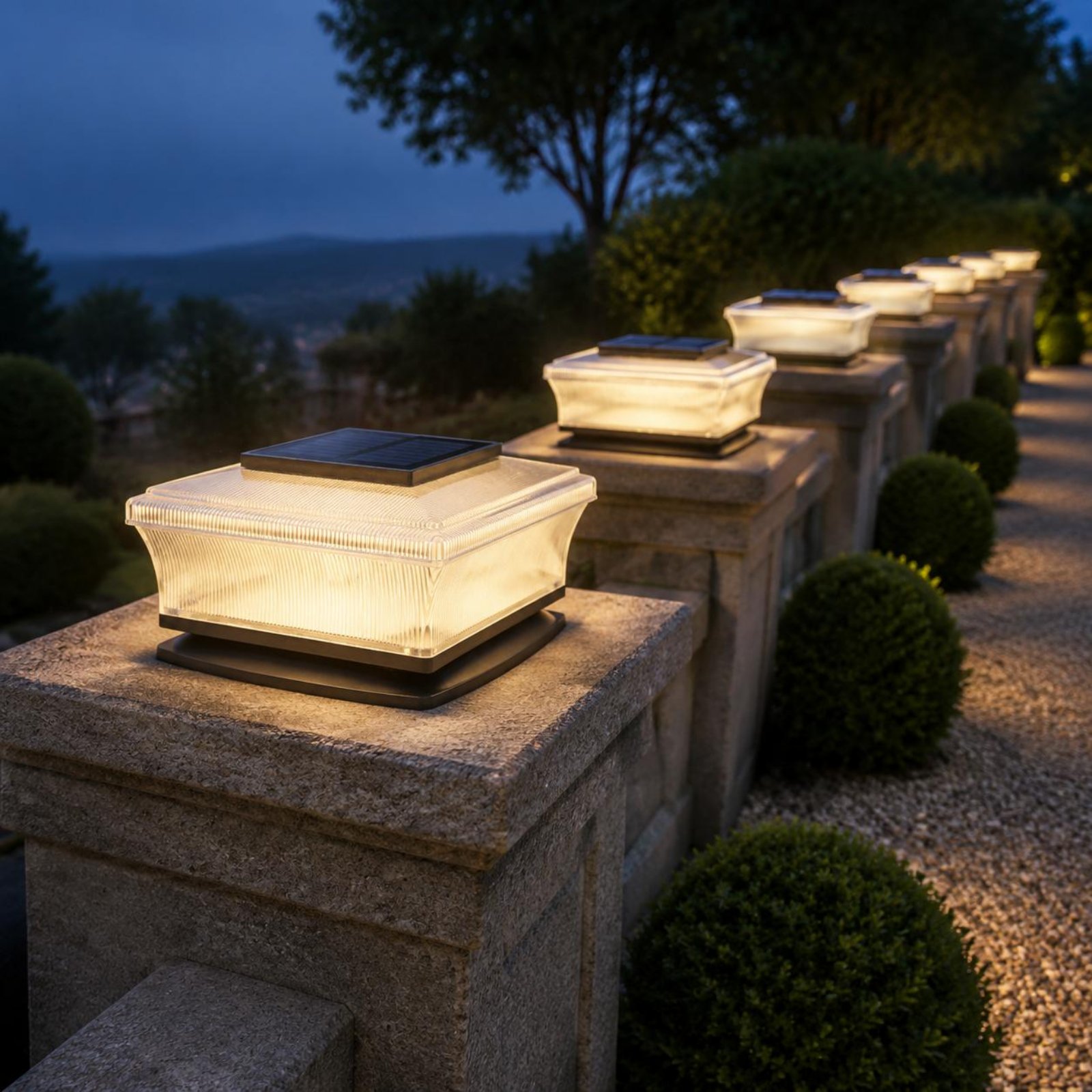 Solar Garden Light - ไฟเสาโซลาร์เซลล์ไร้สาย รูปทรงสี่เหลี่ยม แสงสีขาวอบอุ่น 3000K สำหรับสวน