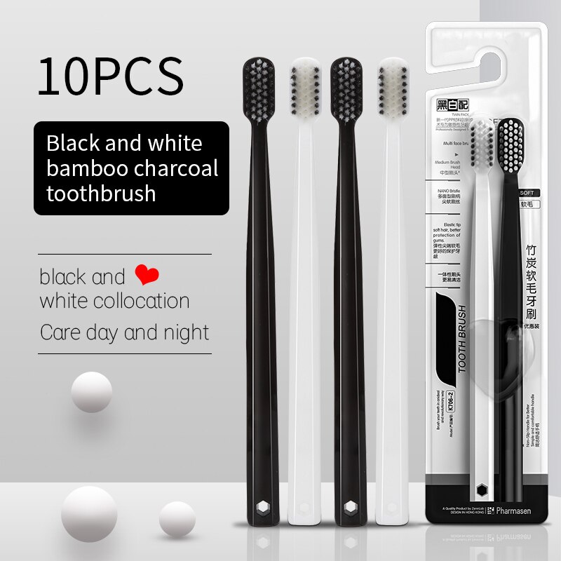 Bamboo Toothbrush - 10ชิ้นแปรงถ่านไม้ไผ่แปรงสีฟันขนนุ่มผ้าไหมชุดครอบครัวสีดำและสีขาวสำหรับผู้ชาย