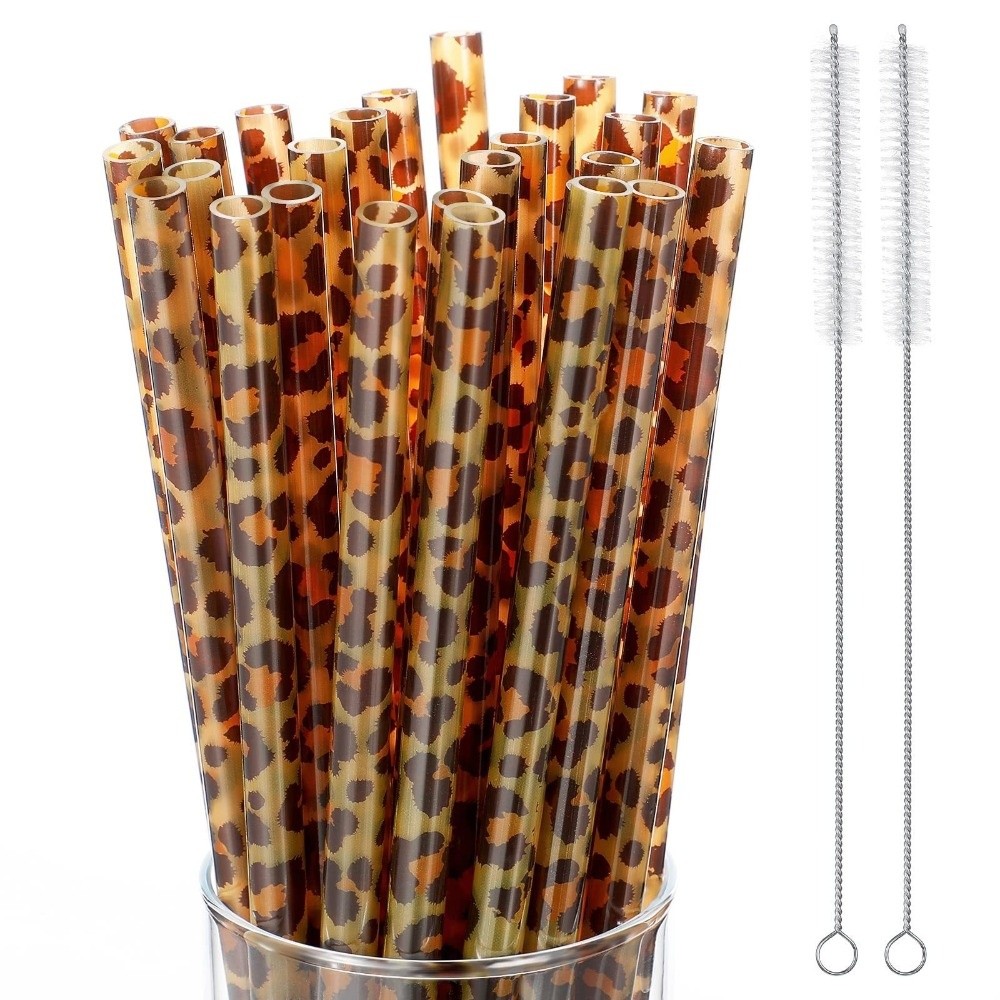 Reusable Straw - หลอดดูดน้ำลายเสือดาวสุดฮิต หลอดดูดน้ำลายสัตว์แบบใช้ซ้ำได้ เป็นมิตรกับสิ่งแวดล้อม หลอดดูดน้ำพลาสติกทนทาน สำหรับร้านอาหาร