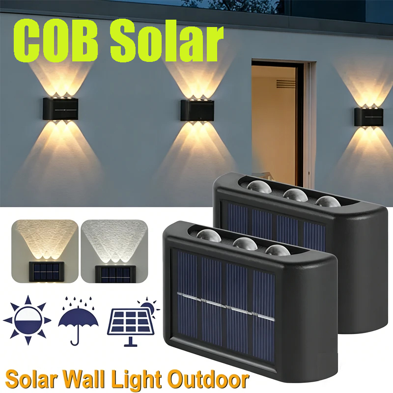 Solar Garden Light - โคมไฟติดผนังพลังงานแสงอาทิตย์ COB กันน้ำสำหรับภายนอกอาคาร ไฟส่องขึ้นลงพร้อมเลนส์นูน สำหรับสวน ถนน
