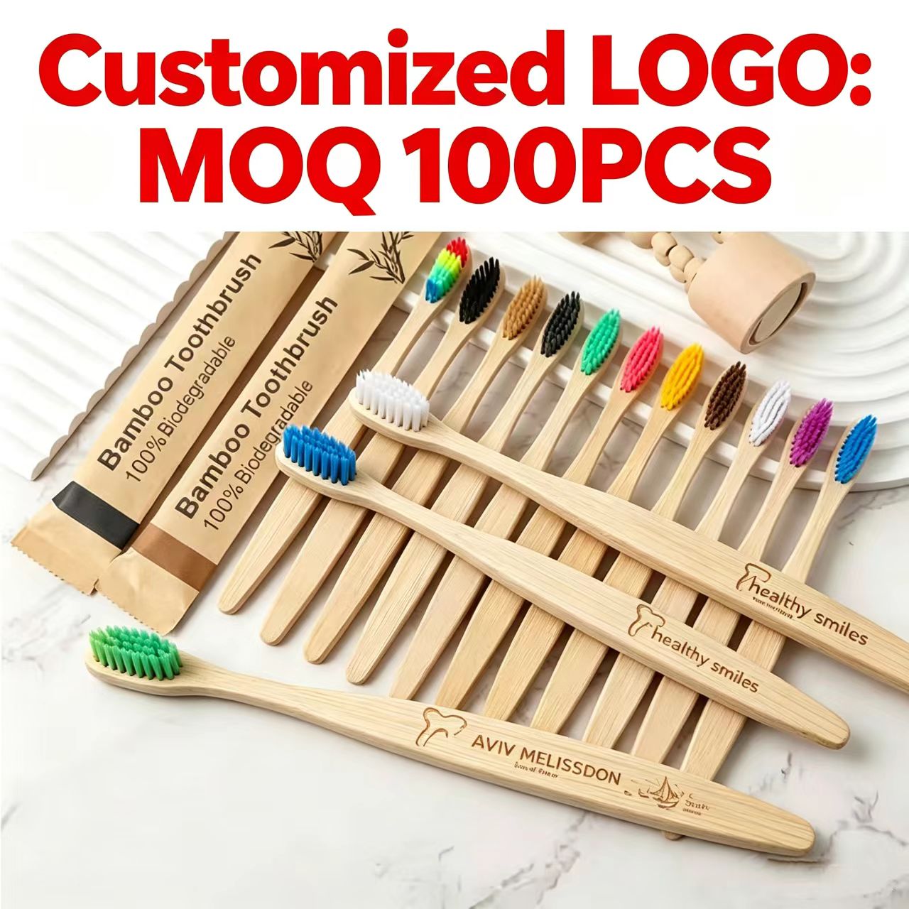 Bamboo Toothbrush - แปรงสีฟันไม้ไผ่ 100 ชิ้น เป็นมิตรต่อสิ่งแวดล้อม แปรงสีฟันไม้สำหรับผู้ใหญ่ ขนแปรงนุ่ม