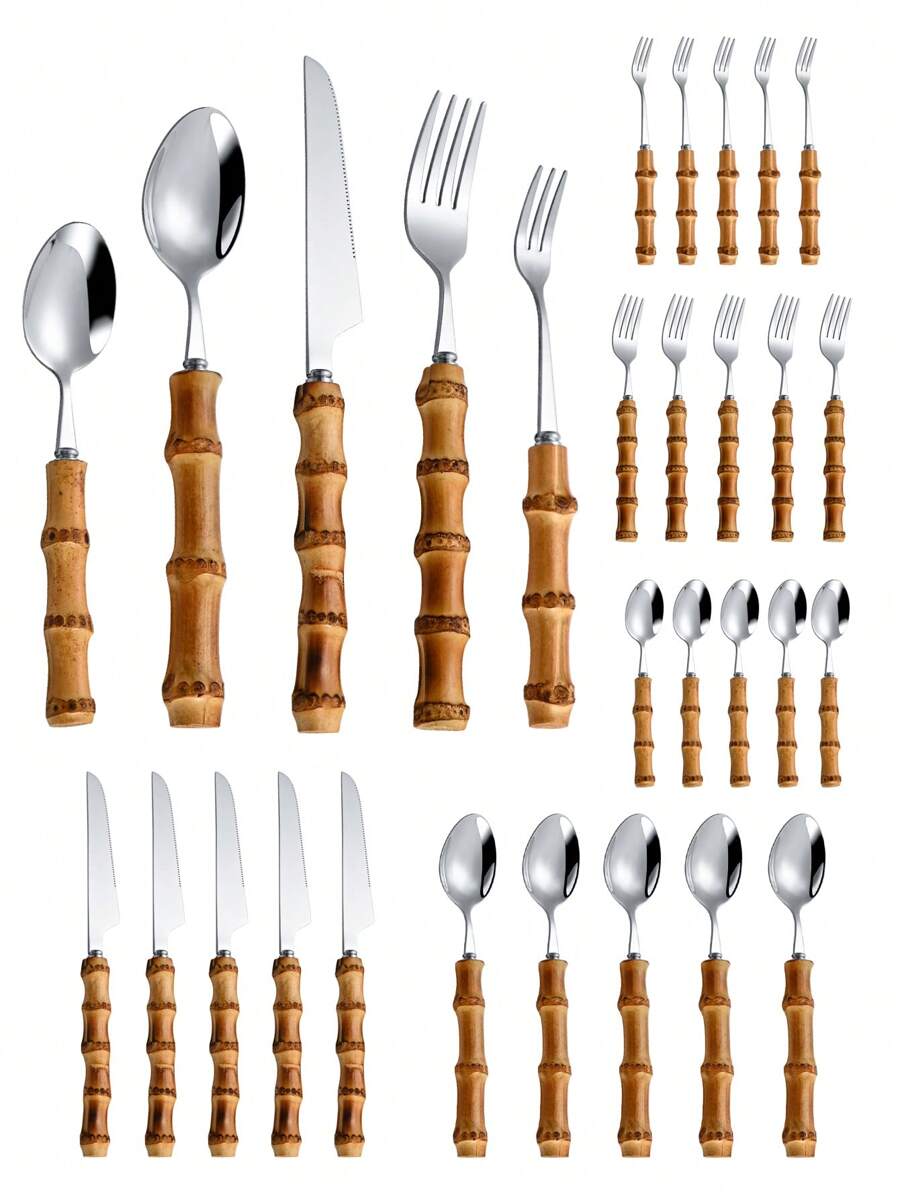 Bamboo Cutlery - ชุดช้อนส้อมสแตนเลส 30 ชิ้นพร้อมด้ามจับไม้ไผ่, ด้ามจับไม้ไผ่ธรรมชาติ