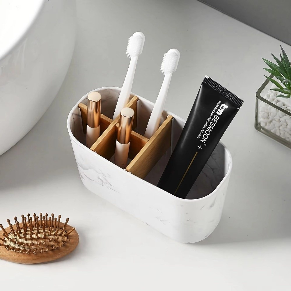 Bamboo Toothbrush - ที่วางแปรงสีฟันแบบหลายช่อง ที่เก็บยาสีฟันพลาสติก ที่วางแปรงสีฟันไม้ไผ่ ที่เก็บเครื่องสำอาง อุปกรณ์จัดระเบียบเคาน์เตอร์ห้องน้ำ