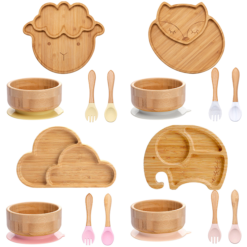 Bamboo Cutlery - 4Pcs ชุดอาหารเด็กแผ่นดูดชามเด็กจานเด็กให้อาหารจานช้อนส้อมชุดไม้ไผ่สำหรับเด็กบนโต๊ะอาหาร