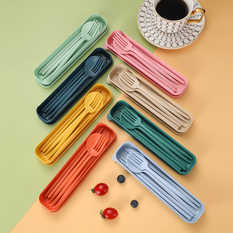 Reusable Straw - 4 ชิ้น/เซ็ตชุดอุปกรณ์พกพาพร้อมกล่องเพื่อสุขภาพเป็นมิตรกับสิ่งแวดล้อมช้อนส้อมฟางข้าวสาลีแบบใช้ซ้ำได้ตะเกียบส้อมมีดช้อนชุดจานชาม