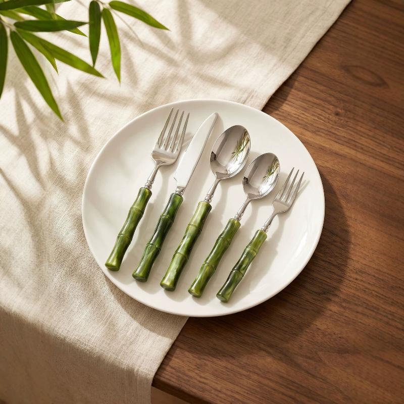 Bamboo Cutlery - ชุดช้อนส้อมสแตนเลส 304 พร้อมด้ามไม้ไผ่ อะคริลิค สำหรับใช้ในครัว ชุดมีด