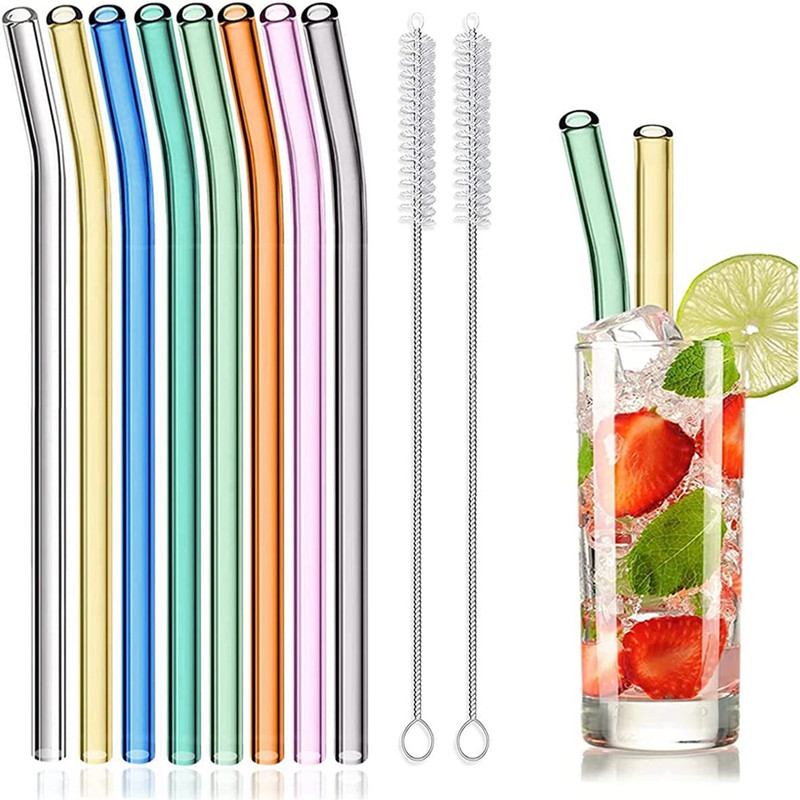 Reusable Straw - หลอดแก้วแบบใช้ซ้ําได้เป็นมิตรกับสิ่งแวดล้อมหลอดดูดดื่มสําหรับ Smoothie Milkshakes ชาน้ําผลไม้ค็อกเทลฟางพร้อมแปรงหลายสีผสม