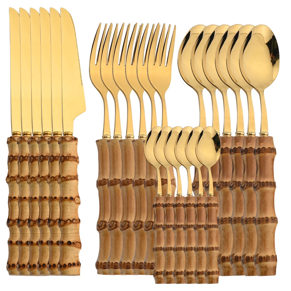 24 ชิ้นสแตนเลสสตีล Flatware ไม - Bamboo Cutlery บทวิจารณ์และราคา