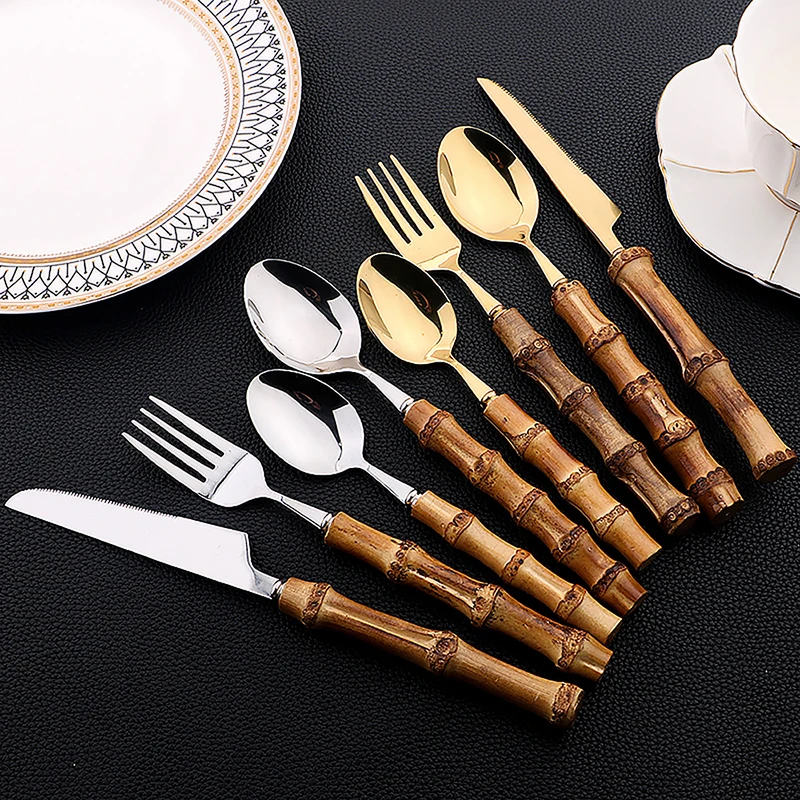 24 ชิ้นสแตนเลสสตีล Flatware ไม - Bamboo Cutlery บทวิจารณ์และราคา