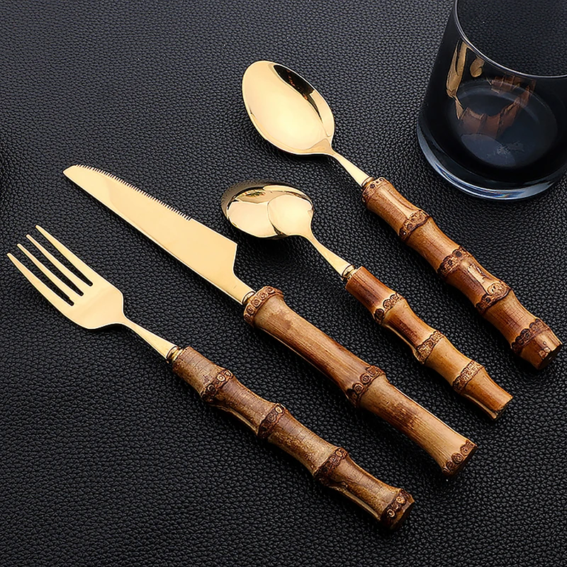 24 ชิ้นสแตนเลสสตีล Flatware ไม - Bamboo Cutlery บทวิจารณ์และราคา