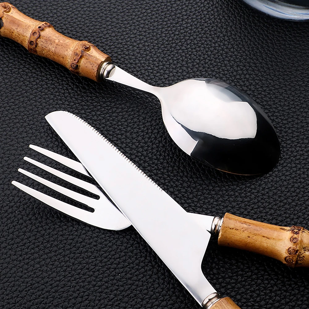 24 ชิ้นสแตนเลสสตีล Flatware ไม - Bamboo Cutlery บทวิจารณ์และราคา